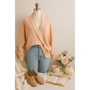 Vintage 1980s Blush Peach Double Breasted Wrap Cardigan Sweater | Size L 12–14